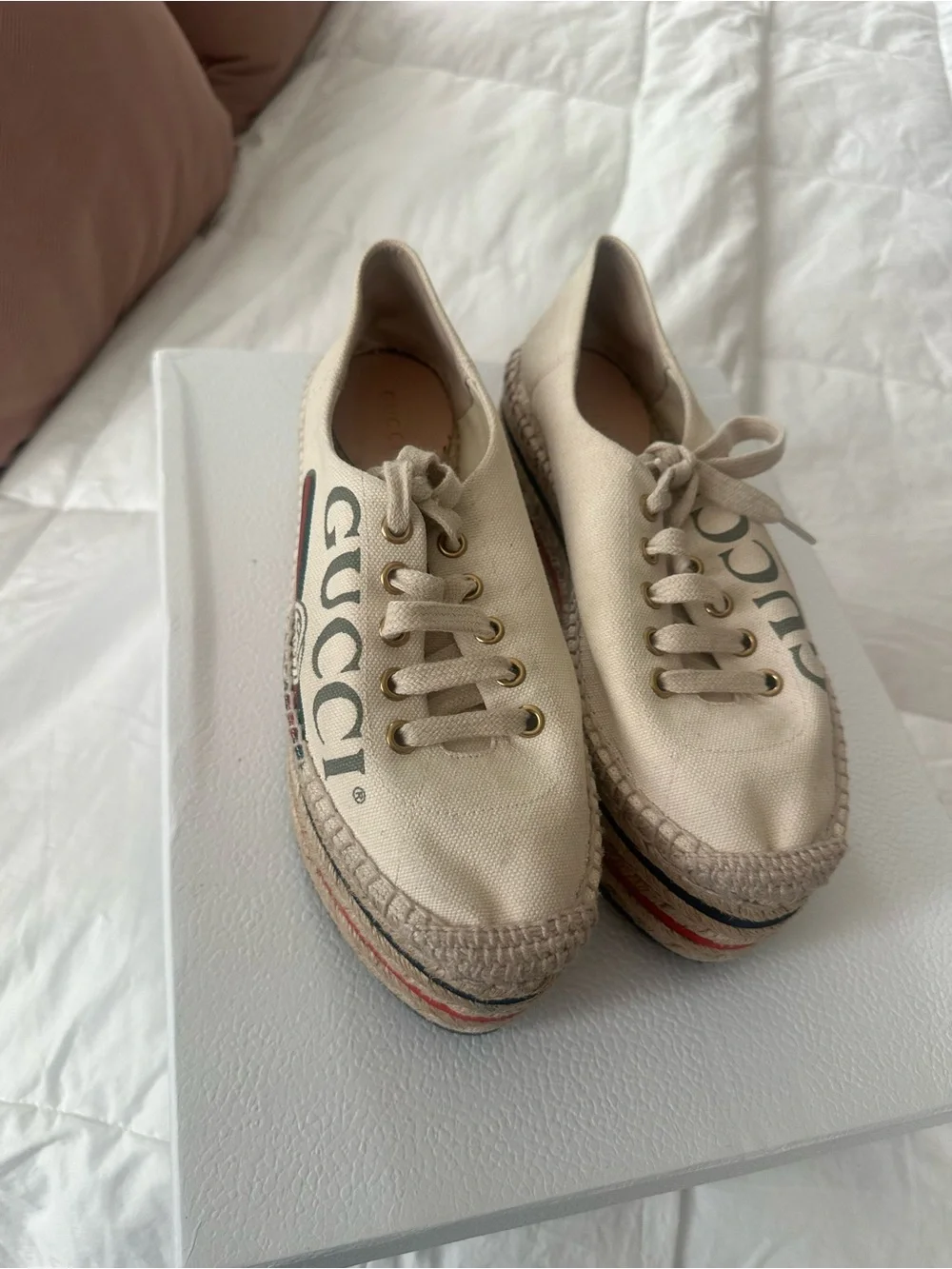 Gucci Cream Canvas Platform Espadrille Sneakers with Red and Green Stripe